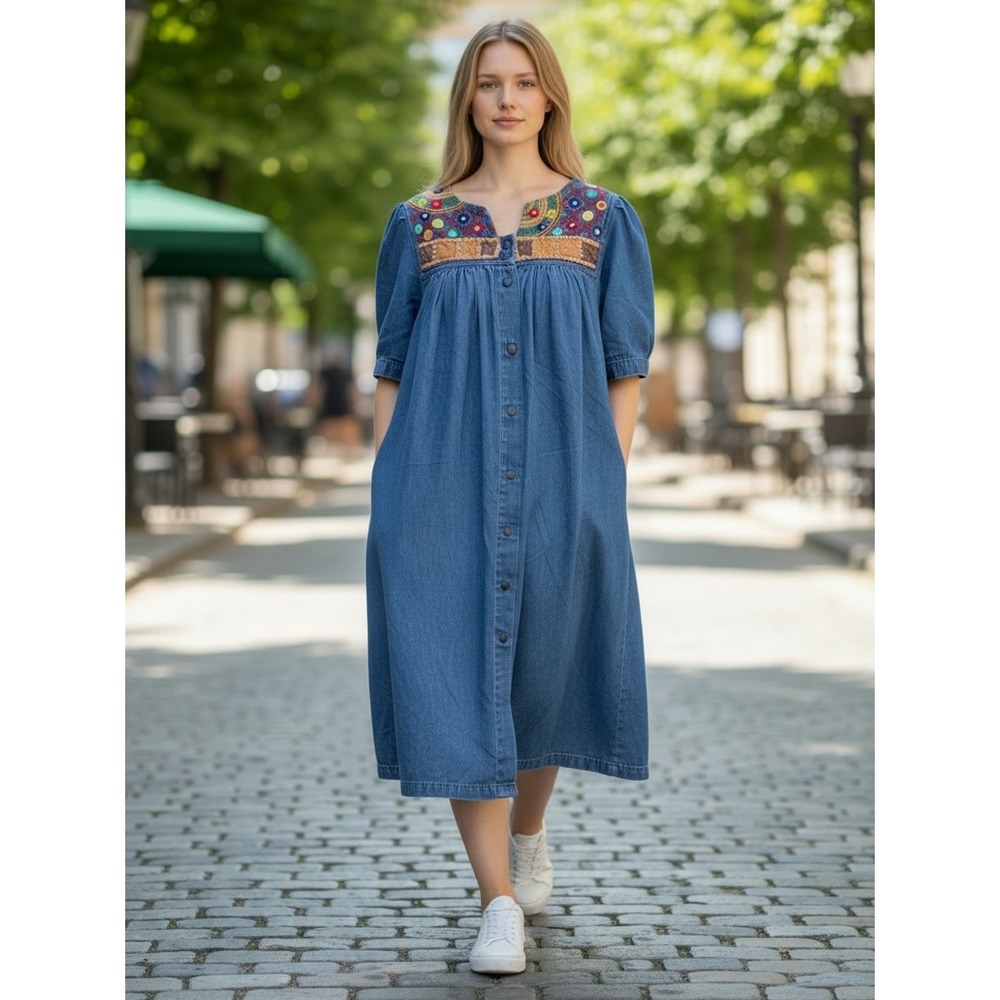 Vintage Denim House Dress GO SOFTLY Patio Jean M Embroidered Boho Cottagecore